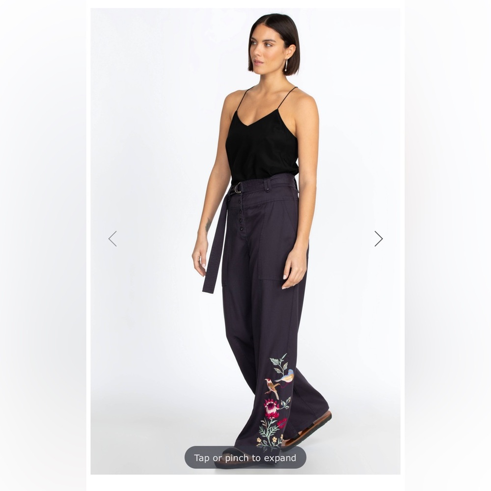 Johnny Was Embroidered Paloma Wide Leg Belted Pants Navy Blue Size Small NWT